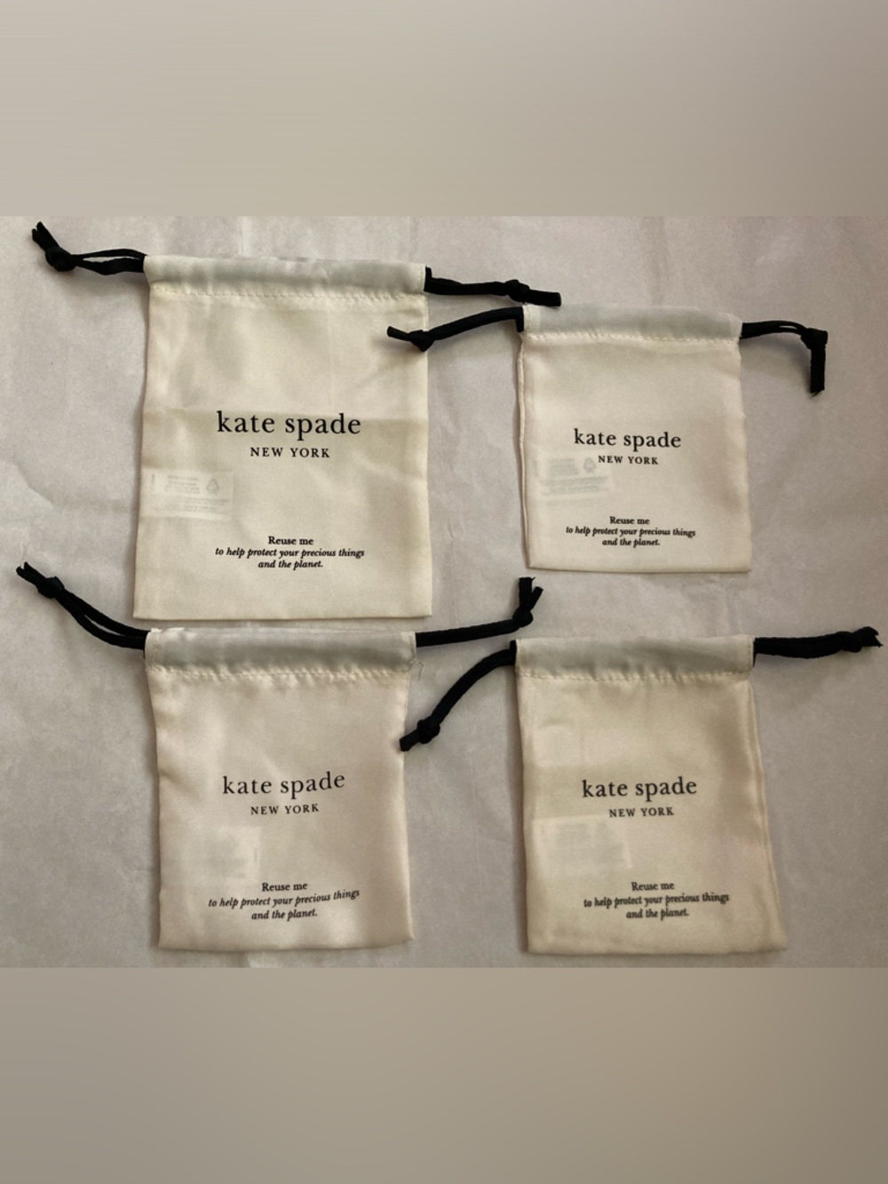 NEW 4 Kate Spade Cream Satin dust bags drawstring jewelry Pouches Black Cords